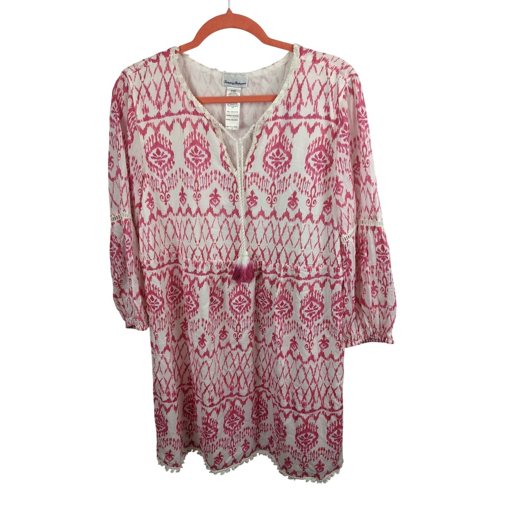 Tommy Bahamaโ Womens Pink White Ikat Cotton Tunic Dress Tassel L SS500323